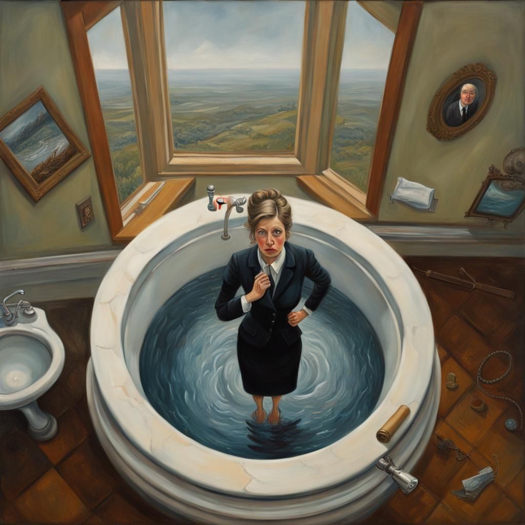 Miniature Businesswoman Sucked into Sink, Surreal Oil Painti...