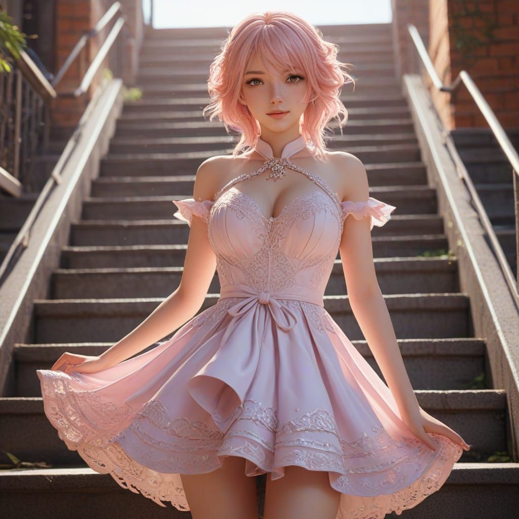 Anime-Inspired Goddess Descending Stairs in Warm Golden Ligh...