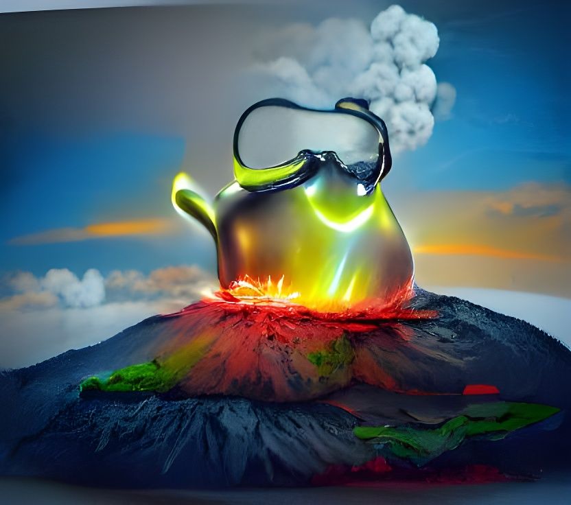 Teapot Over Volcano in Hyperrealistic Acrylic Art