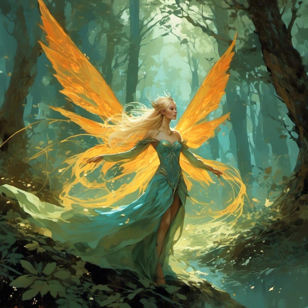 Fae Queen with Fiery Wings in Forest