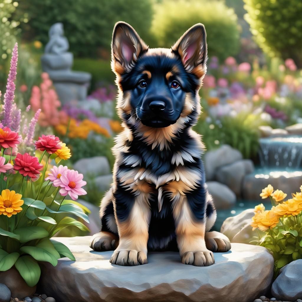Chibi German Shepherd Puppy in Flower Garden