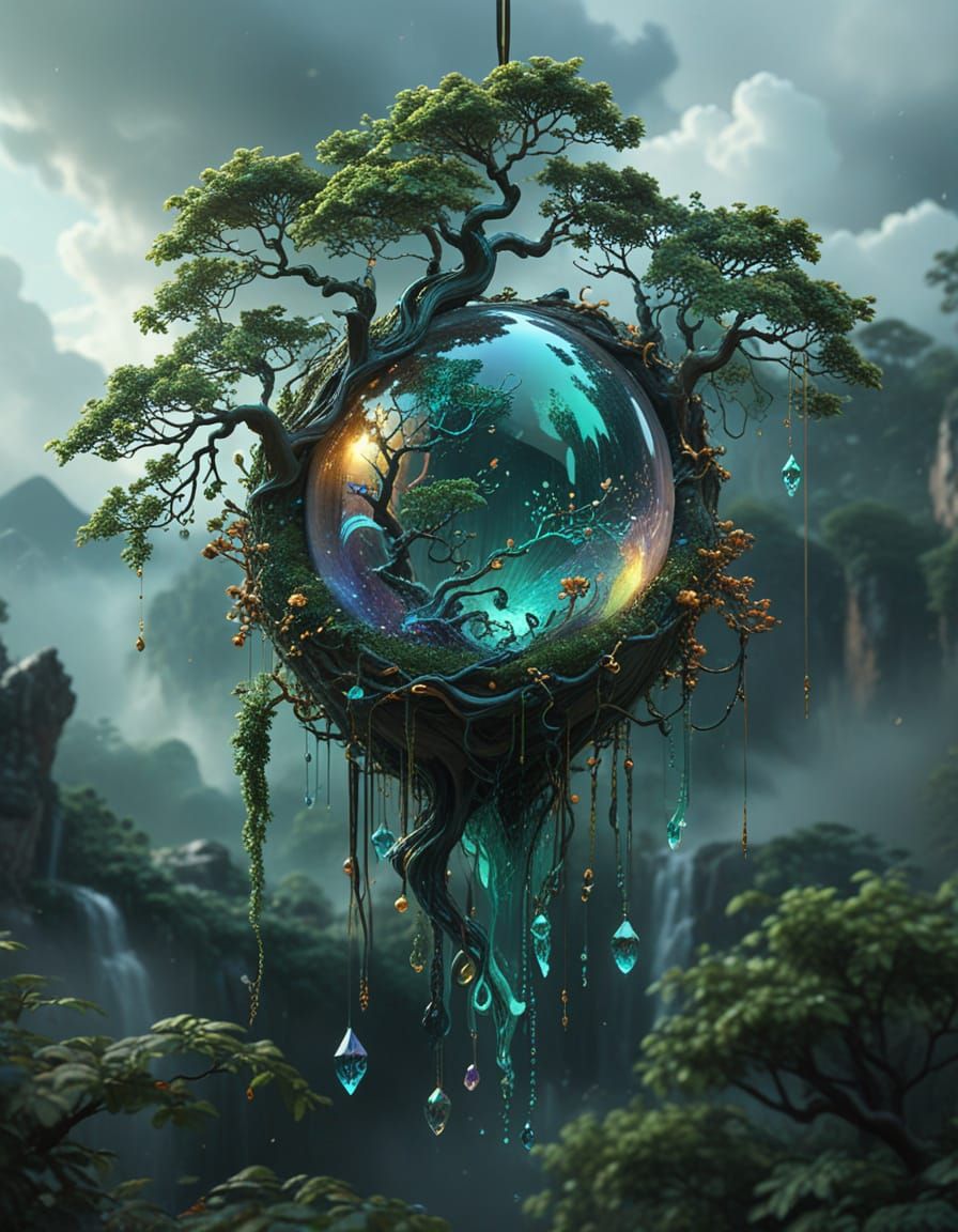 Floating Tree with Crystalline Waterfall and Geode Ornaments