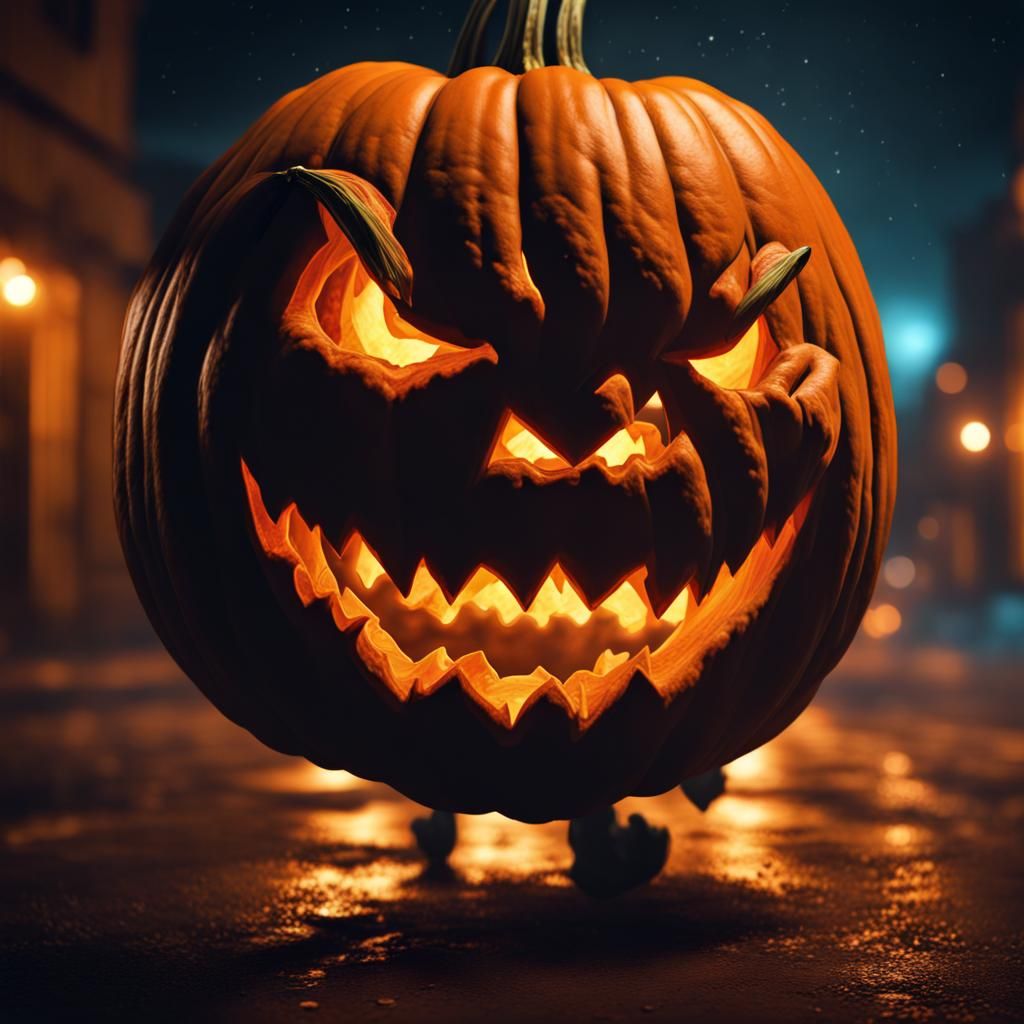 Hyperrealistic Scary Pumpkin Walking at Night