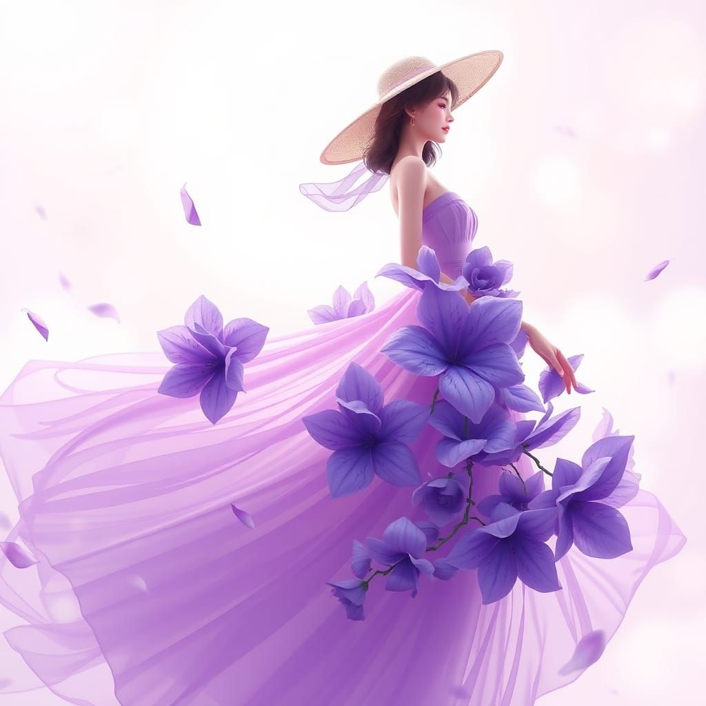 Elegant Woman in Violet Sky Dress: 3D Anime Art