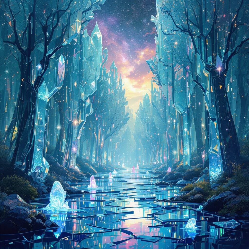 Glass Forest with Luminous Creatures in Matte Painting Style