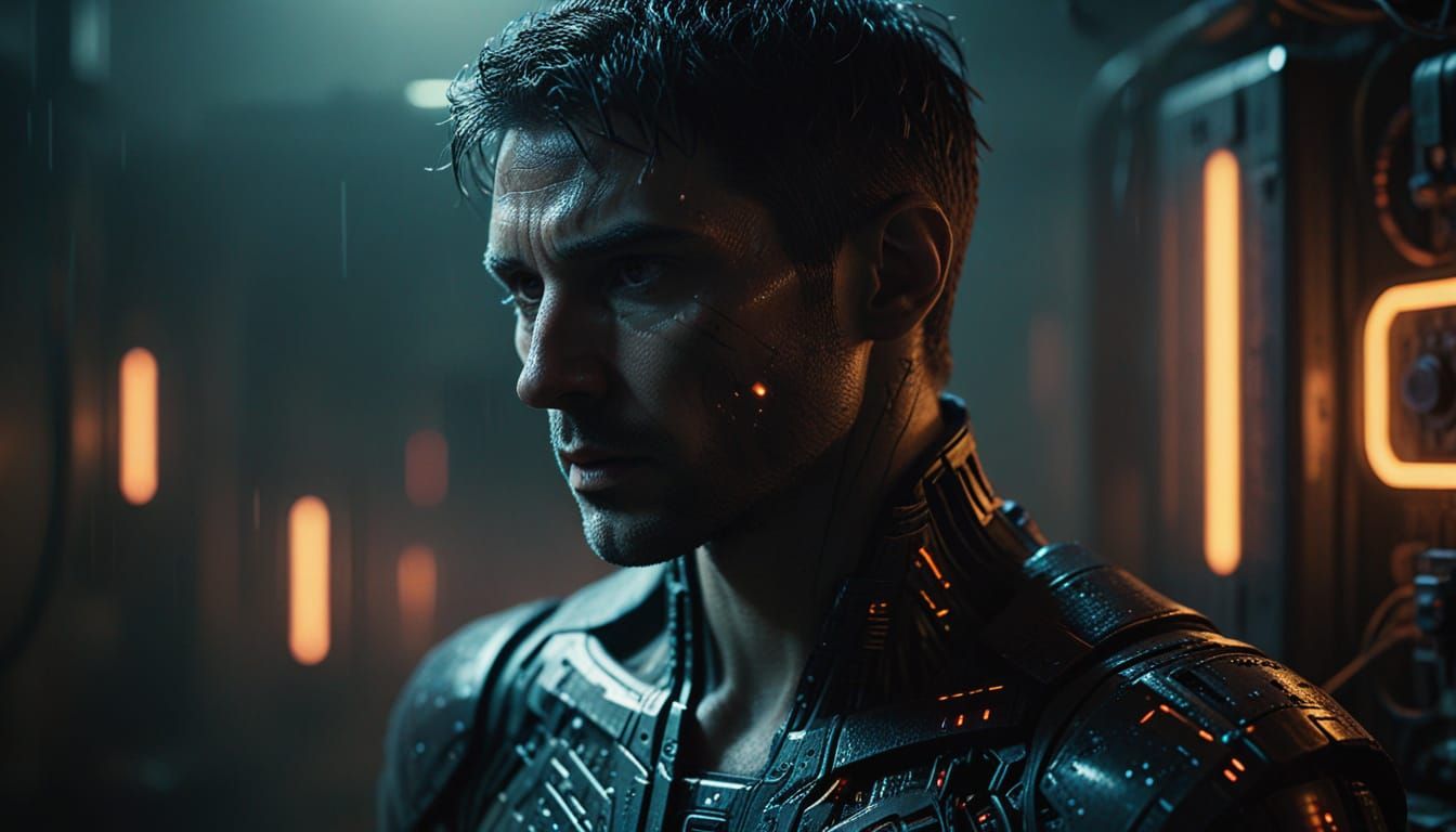 Cinematic Figure Examines High-Tech Device in Dark Room