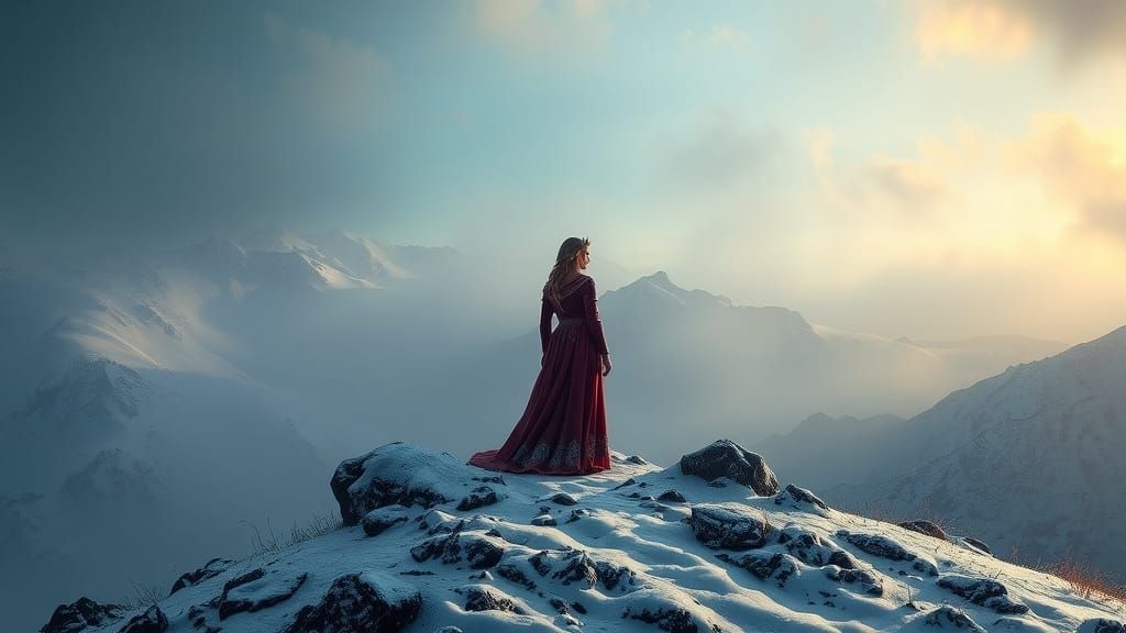 Contemplative Woman in Snow, Dark Fantasy Art