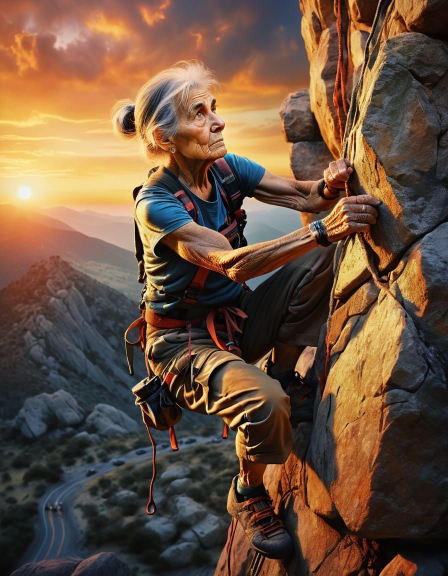 Hyperrealistic Portrait of Woman Rock Climbing at Sunset