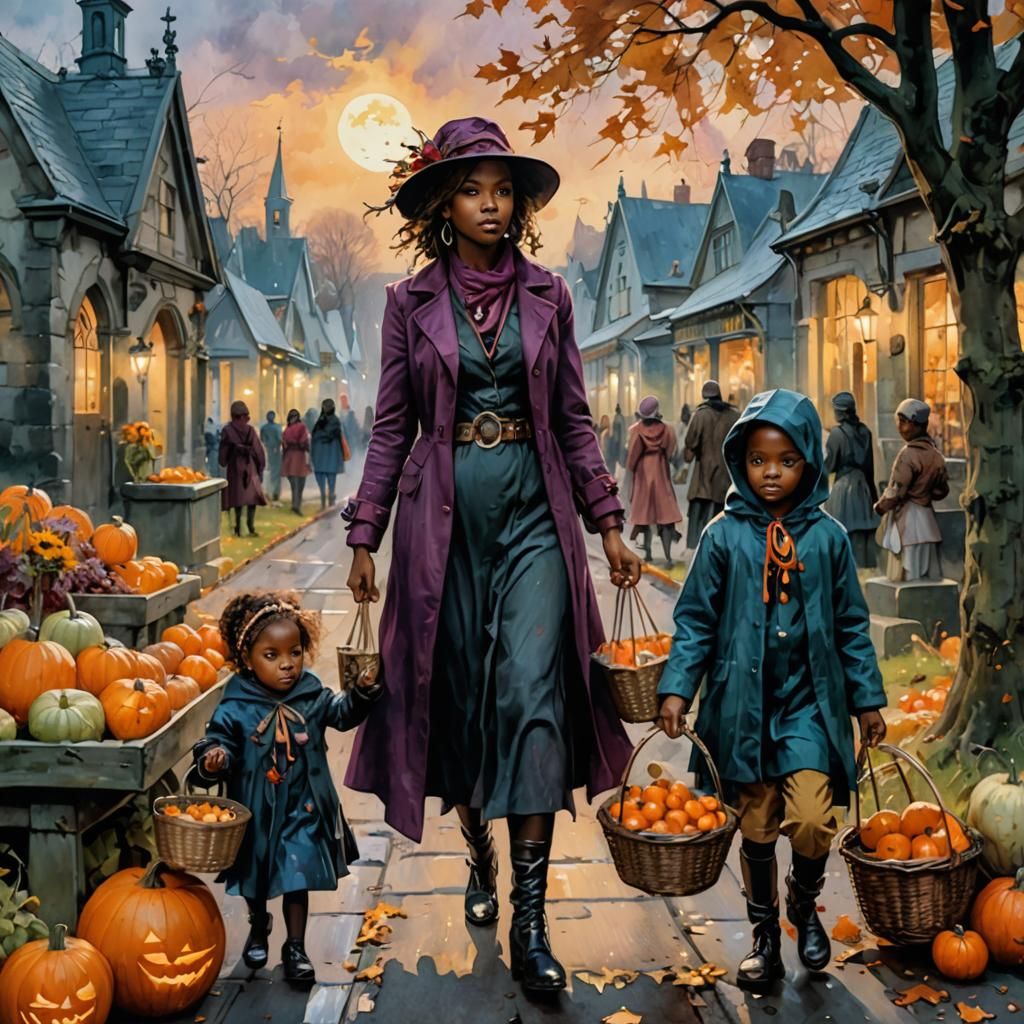 Nordic Mother and Children Trick-or-Treating: Oil Painting