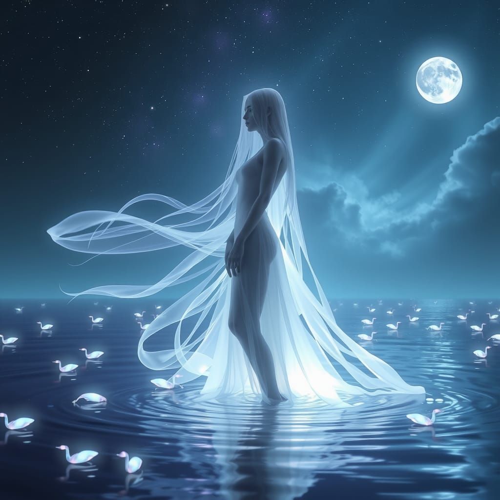 Ethereal Spectral Woman Under Sparkling Starlight