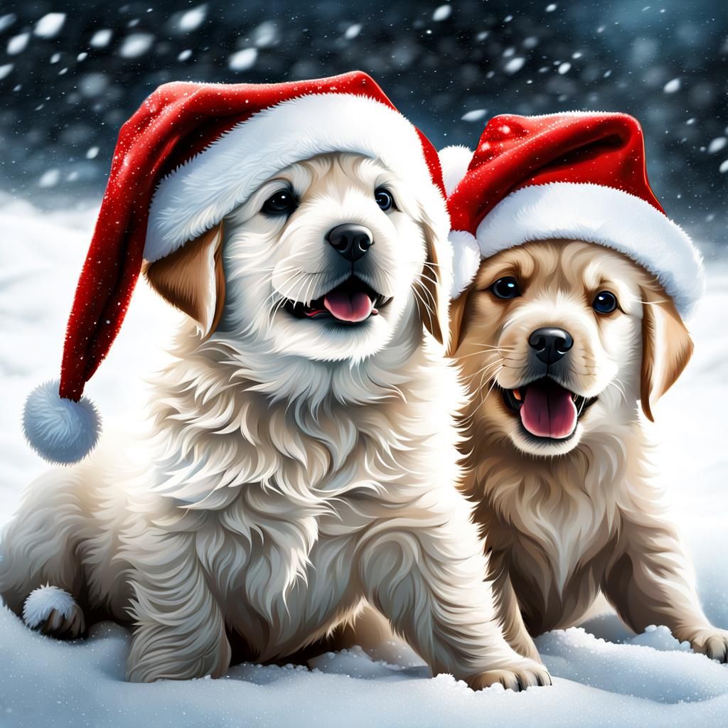 Playful Puppies in Snow with Santa Hats