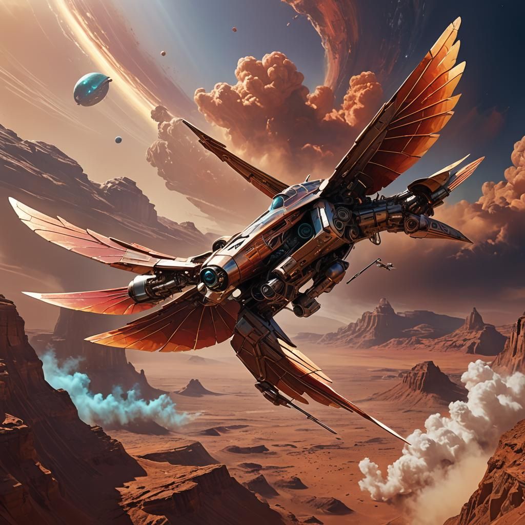 Barsoomian Flyer Soaring Through Martian Skies