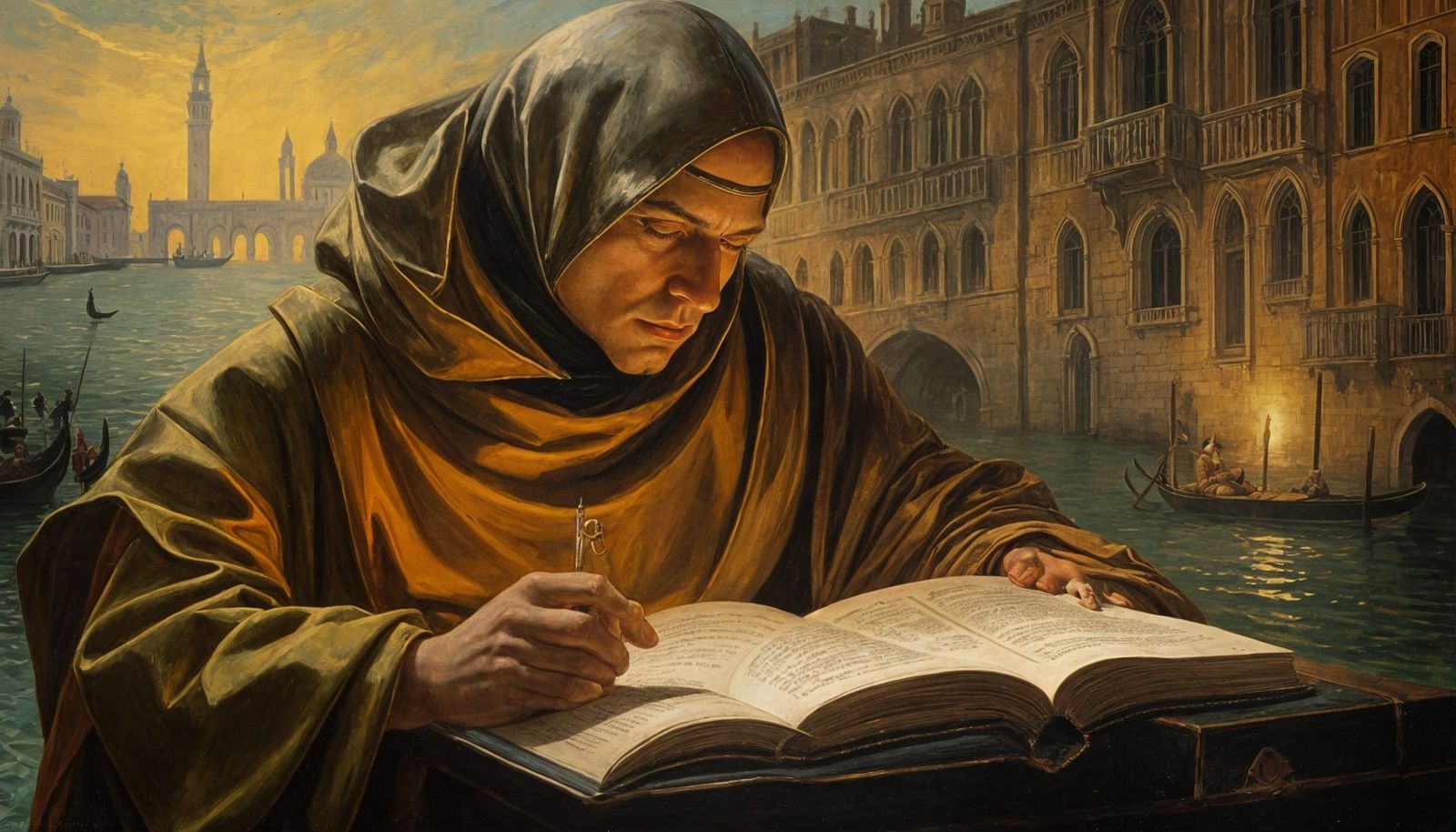 Gothic Surrealist Monk Soldier in Venice Oil Painting