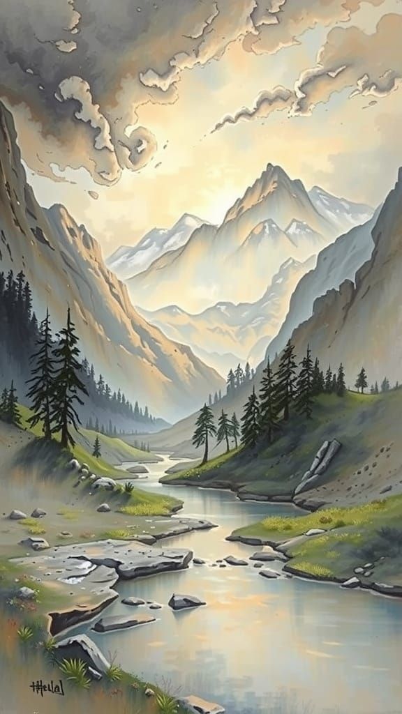Majestic Mountain Landscape Painting on Clay Board