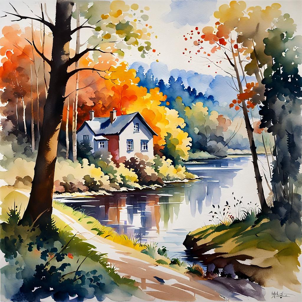 Whimsical River Cottage Gouache Painting