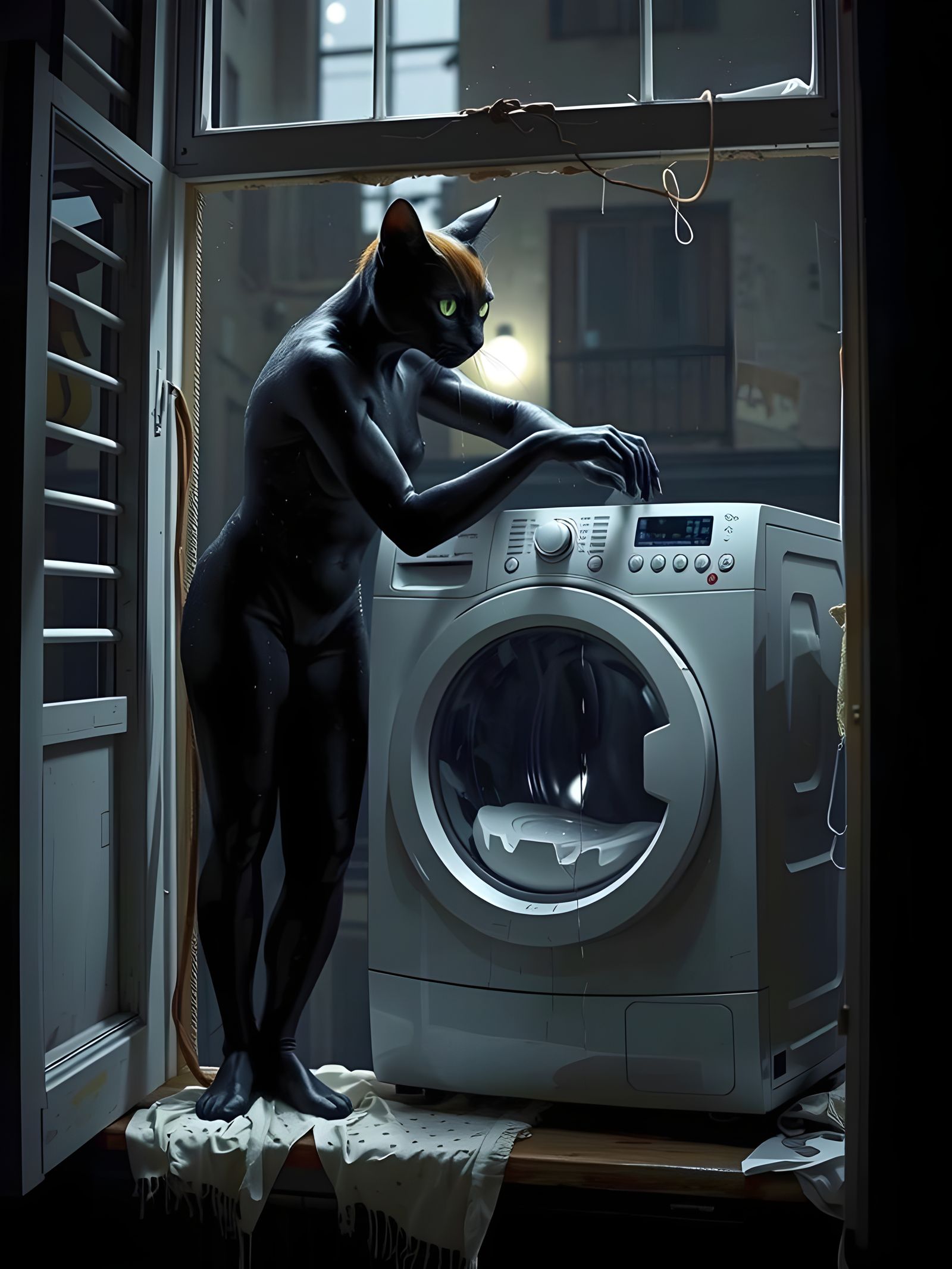 Feline Beauty's Laundry Day Troubles in Dark Photorealism