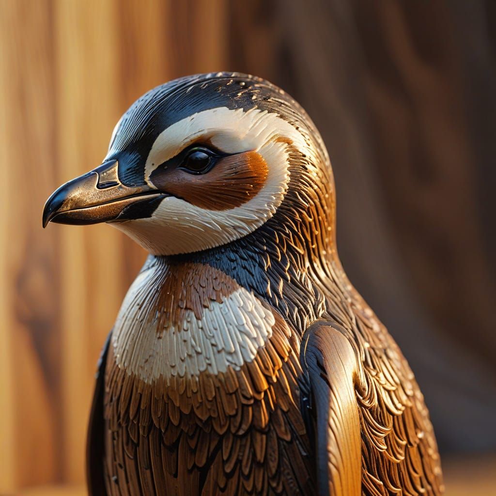 Hand Carved Wooden Penguin Sculpture Close-Up