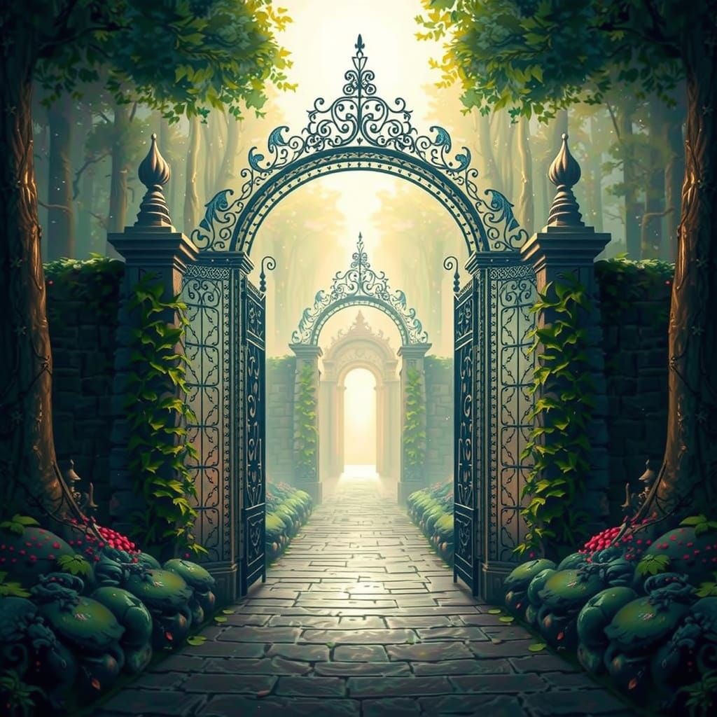 Ancient Stone Gate in Mystical Moonlit Forest