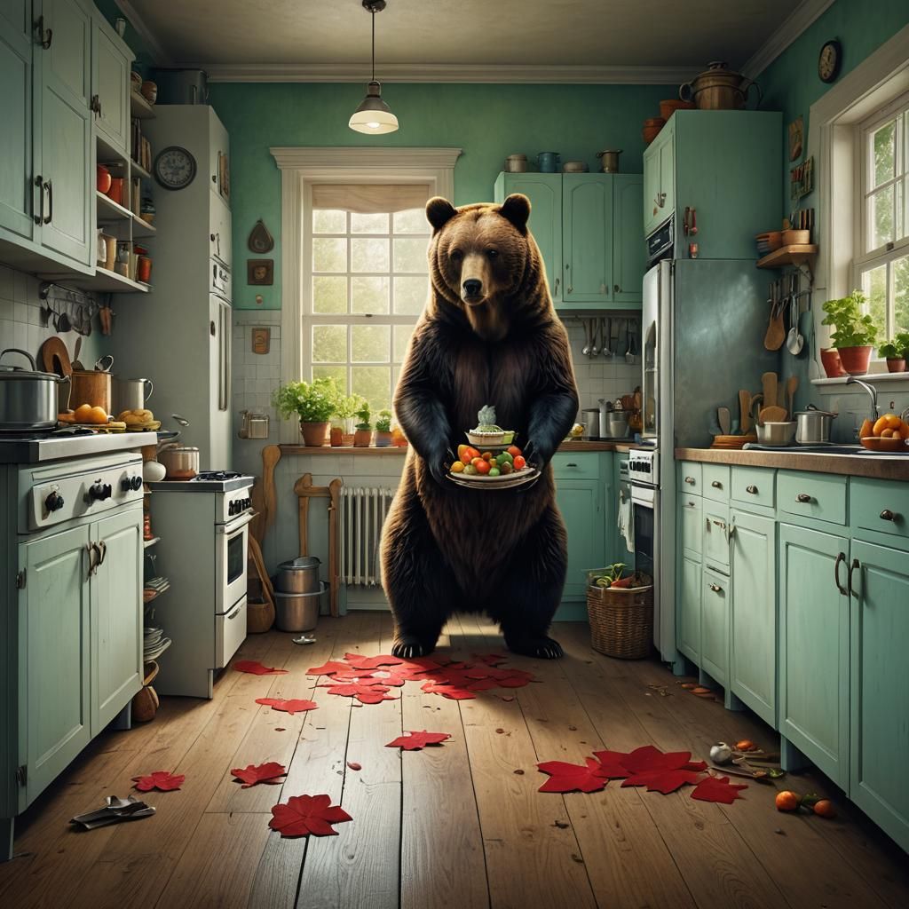 Bear Sneaks Through Kitchen in Surreal Style