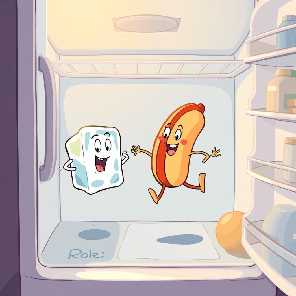 Whimsical Hot Dog Chases Ice Cube in Children's Book Style
