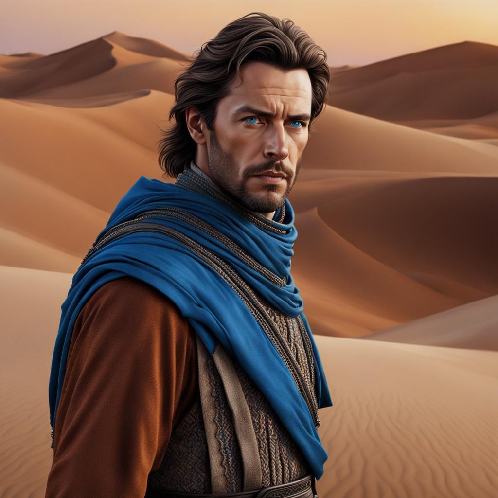 Hyperrealistic Portrait of Paul Atreides as Fremen
