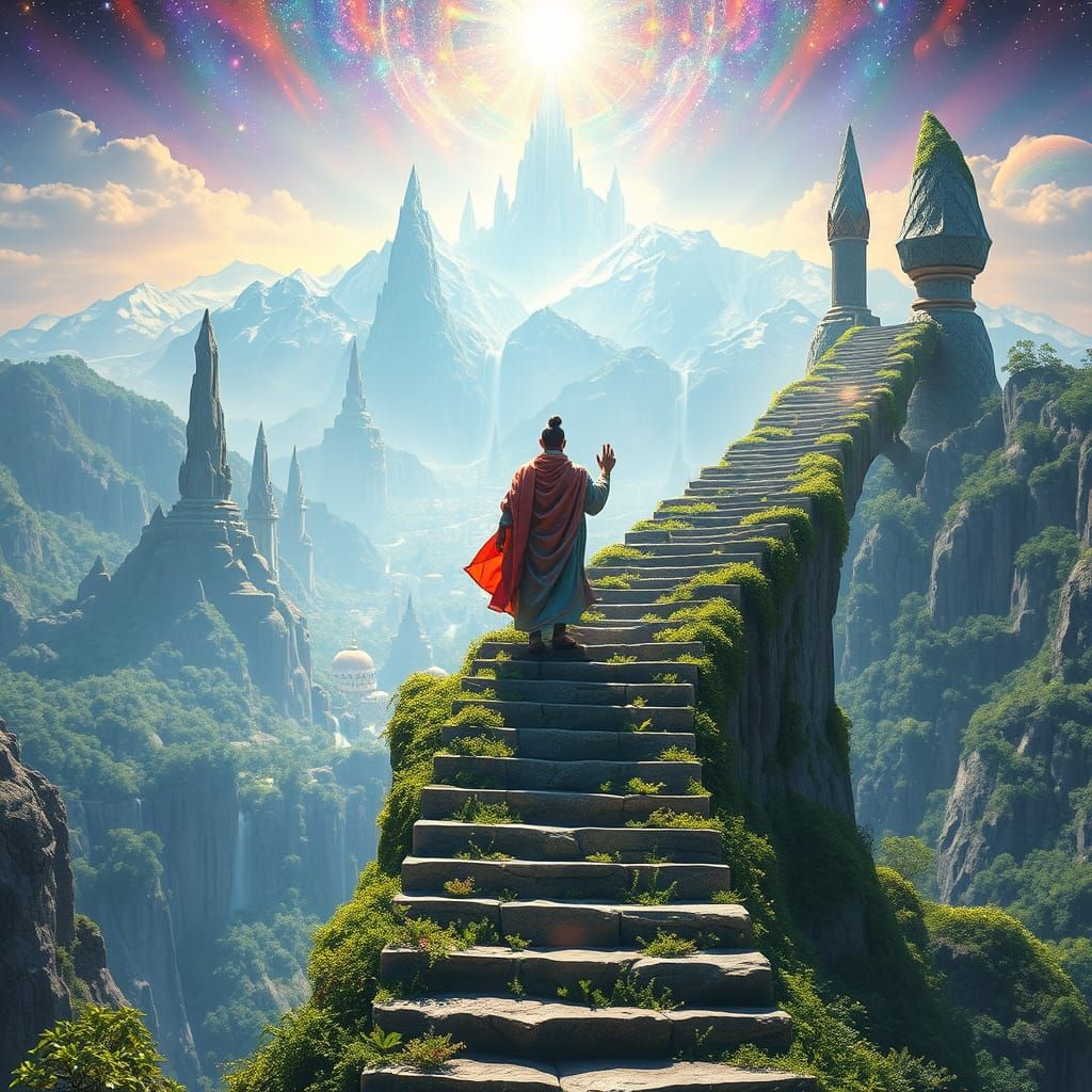 Spiritual Warrior at Ancient Ruins in Iridescent Robes Gazin...