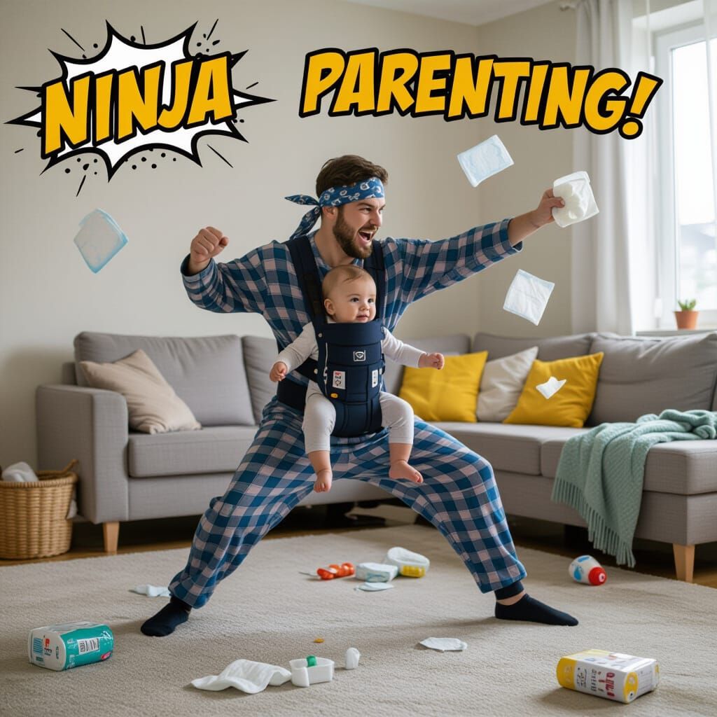 Action-packed scene of a young dad in pajama pants and headband, striking a ninja pose in a messy living room. He carrie...
