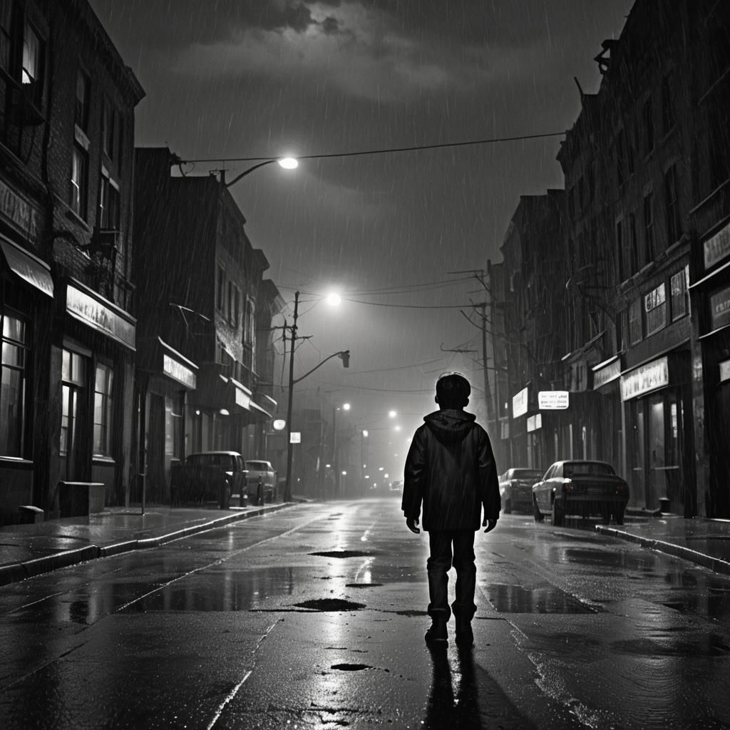 Noir Film: Kid Walks Alone in Stormy Night