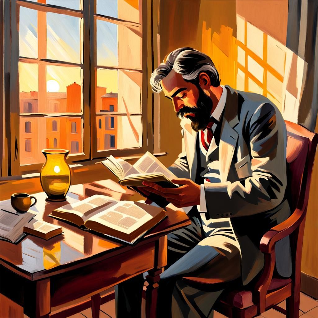 Man Reading at Sunrise in Orozco Style