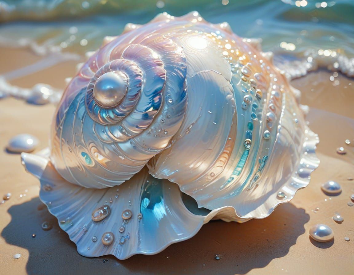 Iridescent Pearl Displayed in Seashell, Anime Art