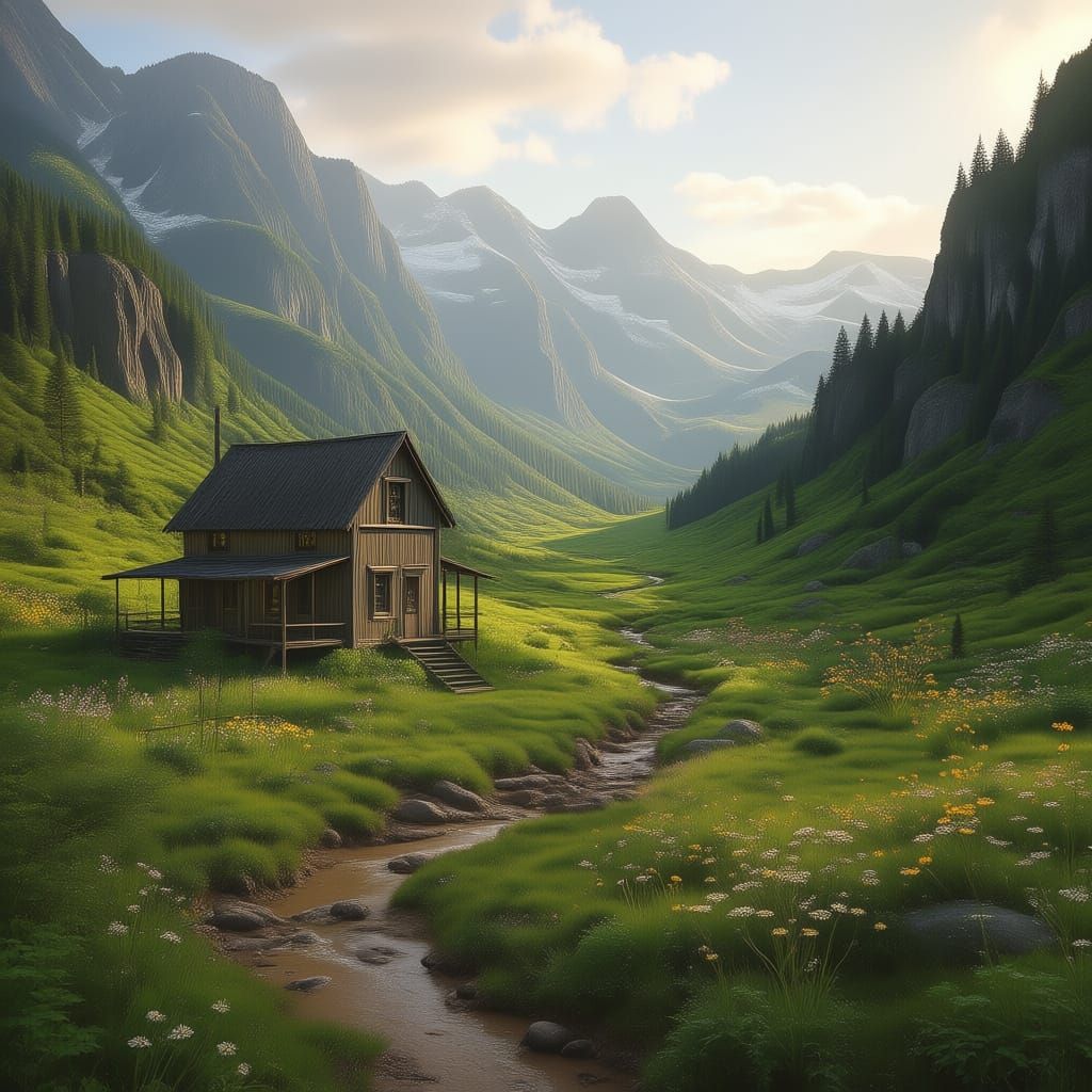 Isolated Cabin in Dramatic Mountain Landscape