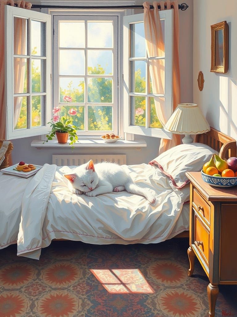 Cozy Sunlight and Kitten in Impasto Oil Painting