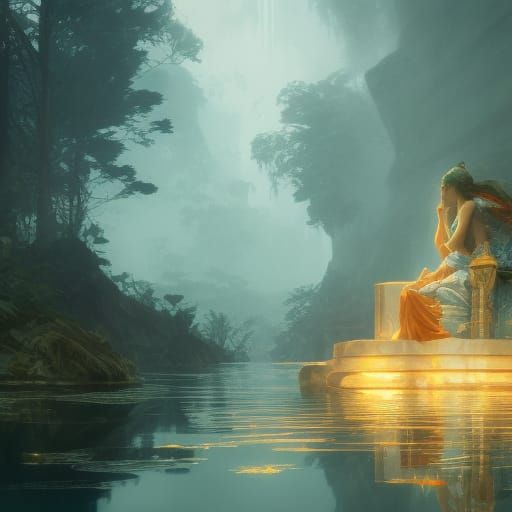 Sacred Waters: Hyperdetailed Concept Art in Orange and Teal