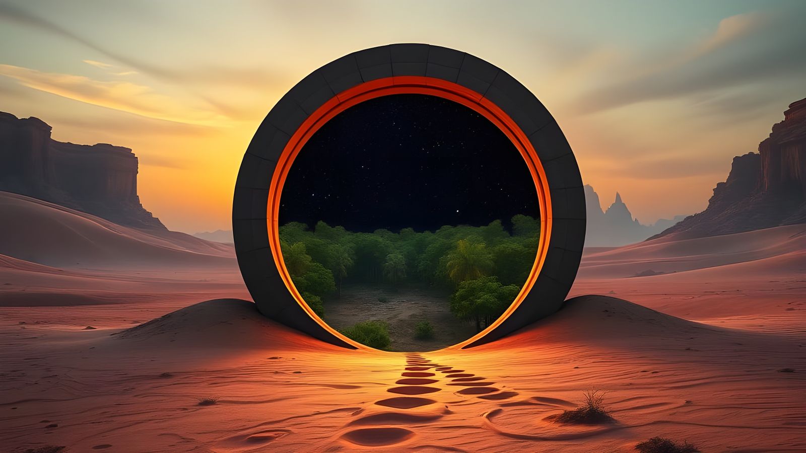 Alien Desert Portal to a Lush Forest World