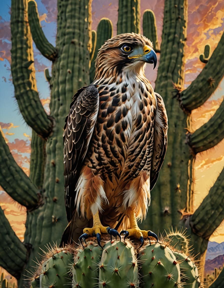 Hawk on Saguaro Cactus: Hyperrealistic Splash Art