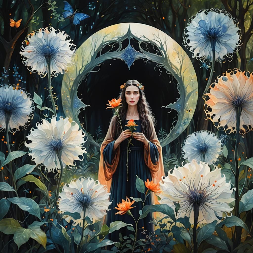 Surreal Portrait of Woman with Flowers
