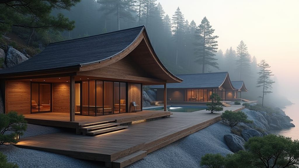 Serene Japanese-Inspired Spa Complex Amidst Forested Hillsid...