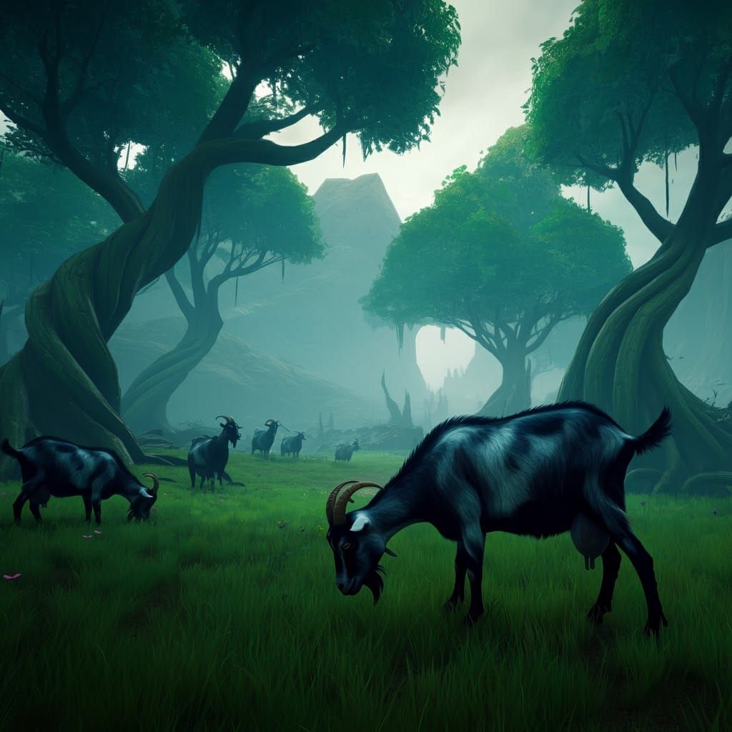 Vibrant Goats in Emerald Meadow, Fantasy Concept Art