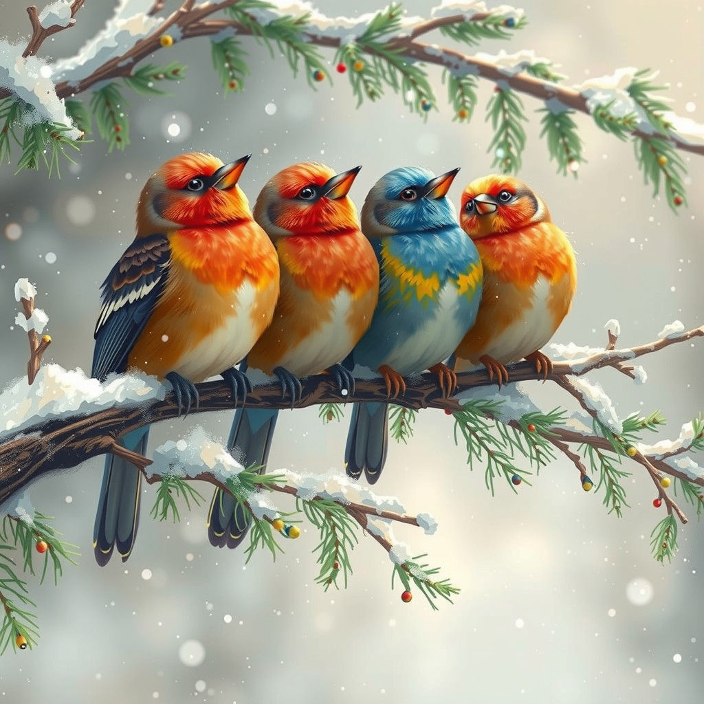 Four Golden Birds Perched in a Branching Tree