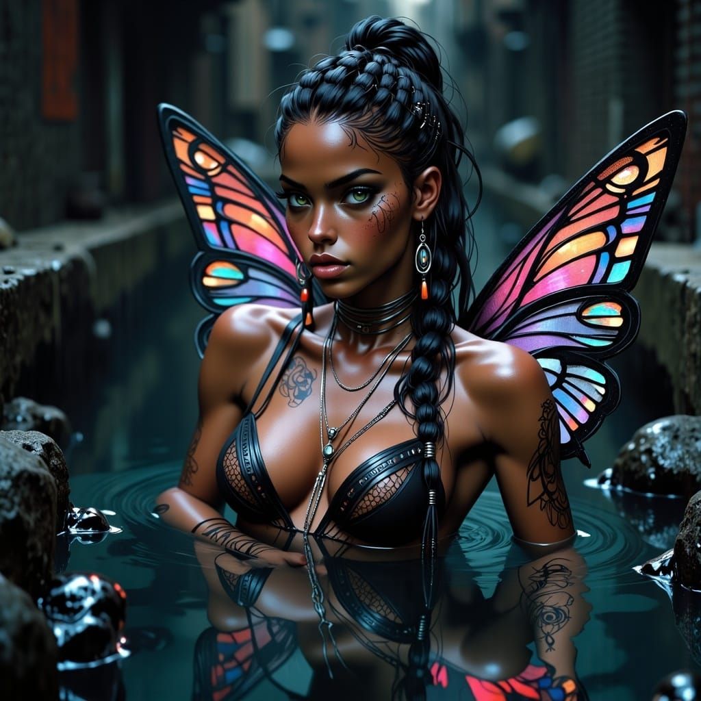 Cyberpunk Woman with Pixie Motifs in Urban Dreamscape