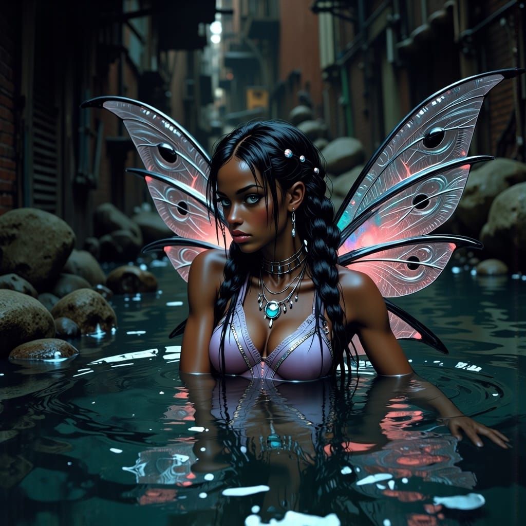 Cyberpunk Woman with Pixie Motifs in Urban Sprawl