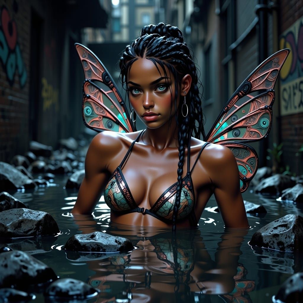 Ebony Woman with Pixie Motifs in Cyberpunk Style