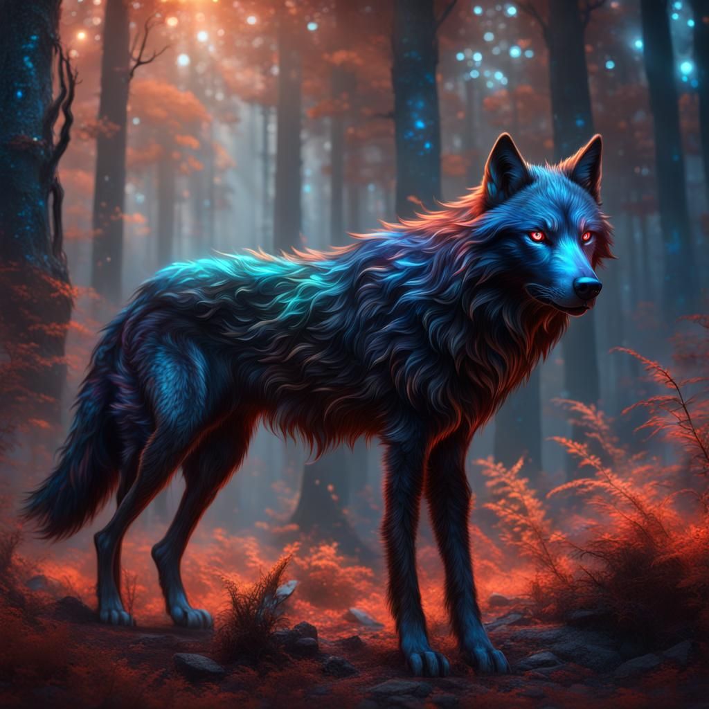 Red-Orange Melanistic Wolf in Fairy Dust: Fantasy Art