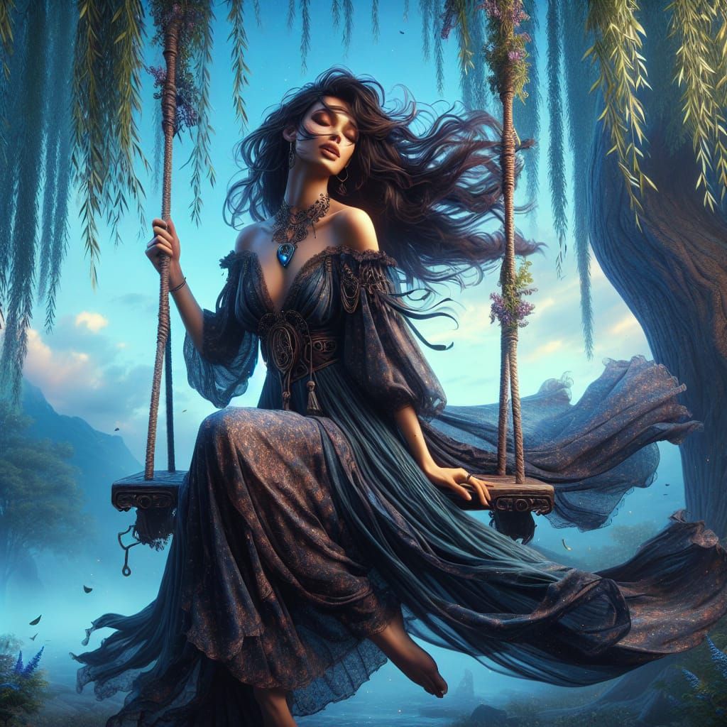 Bohemian Woman on Swing in Fantasy Matte Painting