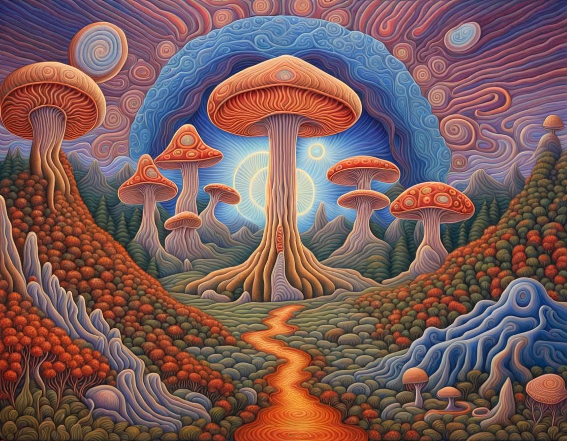 Psychedelic Mushroom Wonderland in Acrylic Landscape