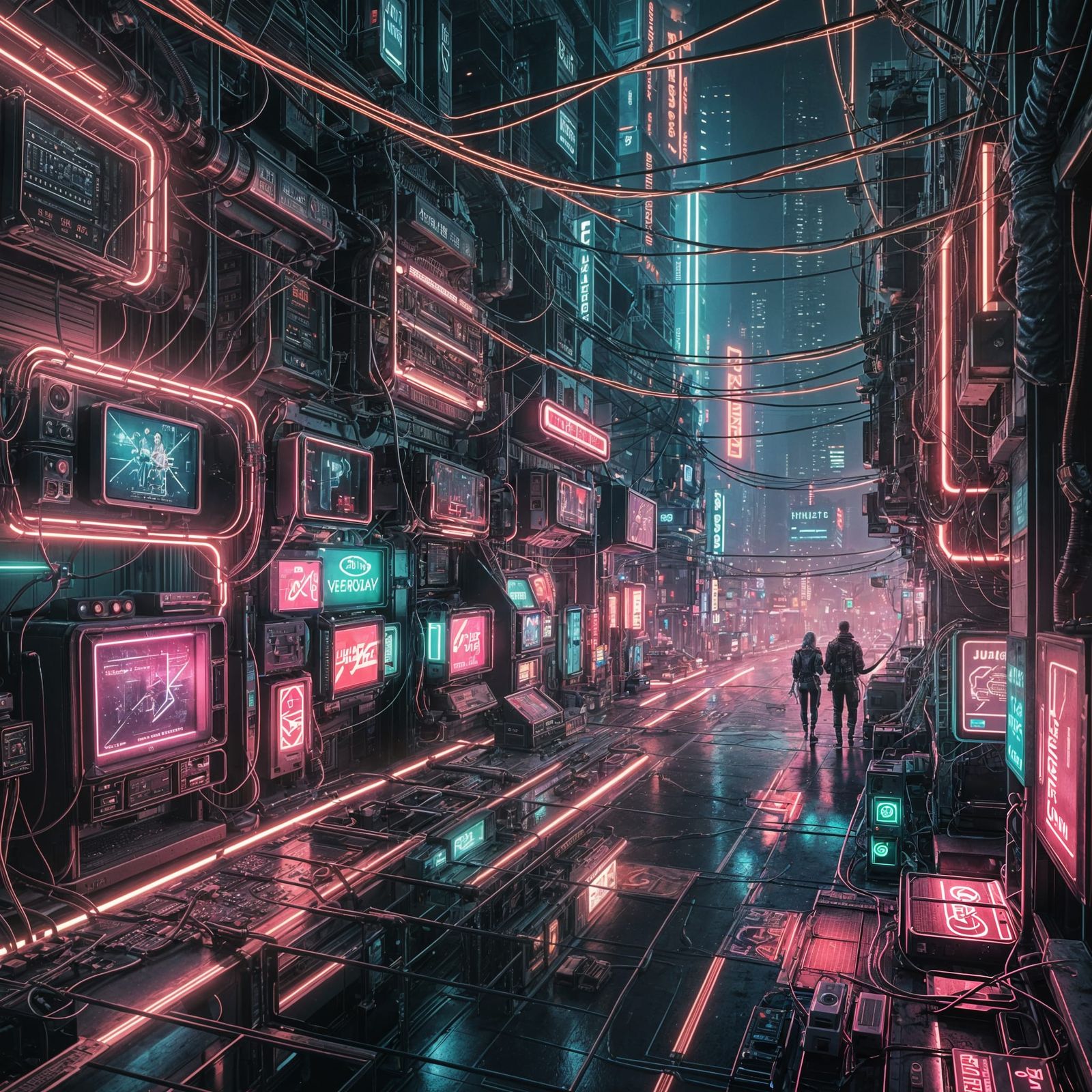 Interconnected Electronic Devices in Cyberpunk Style