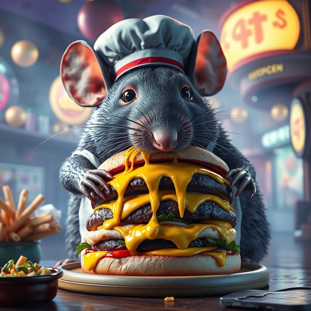 Gargantuan Rat Devours Triple Cheeseburger in Whimsical Fant...