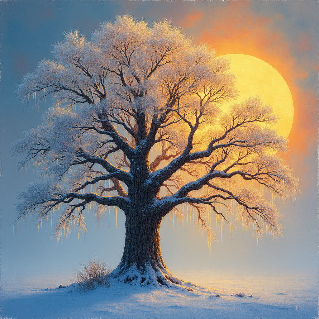 Icy Tree Bathed in Sunlight: Impasto Painting