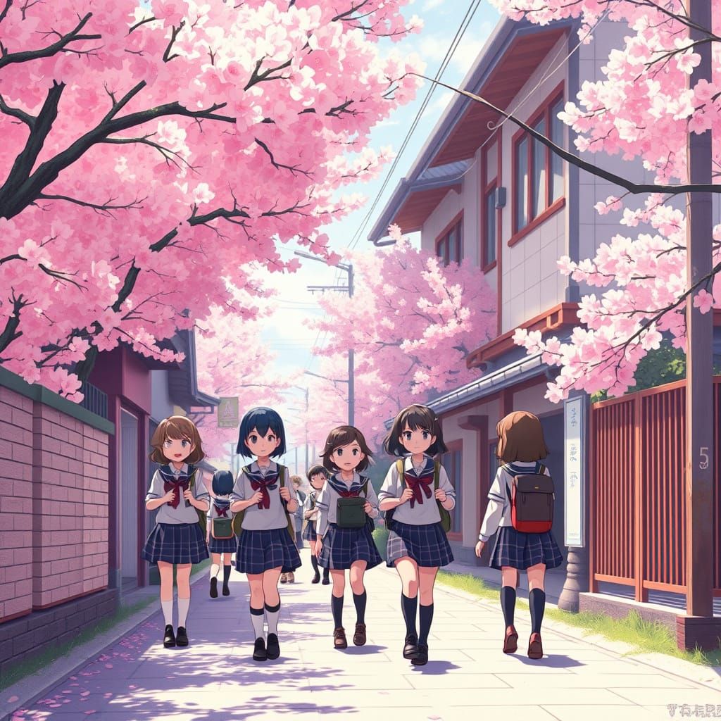 Japanese School Kids in Ghibli Style