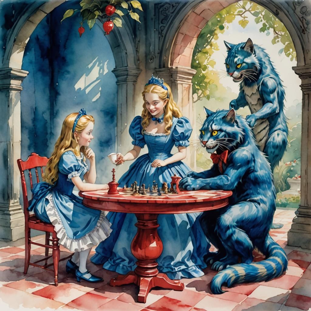 Alice and Cheshire Cat Play Chess in Watercolor